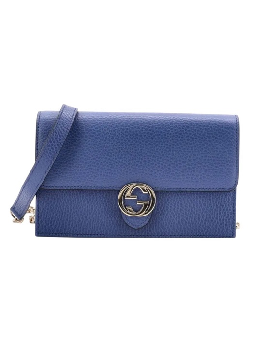 Gucci Handbags - GUCCI Dollar Interlocking G Calfskin Leather Chain Wallet Crossbody Bag Blue